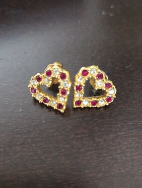 Gold Heart Stud Earrings with Red and Clear Stones